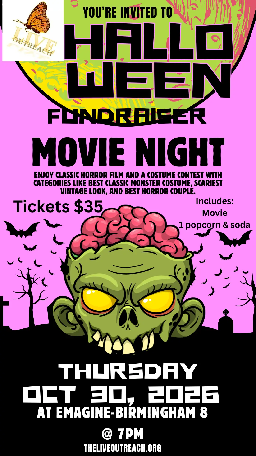 Flyer for The L.I.V.E. Outreach Halloween Movie Night fundraiser, featuring a green cartoon zombie head with an exposed brain surrounded by bats and bare trees on a pink and black background